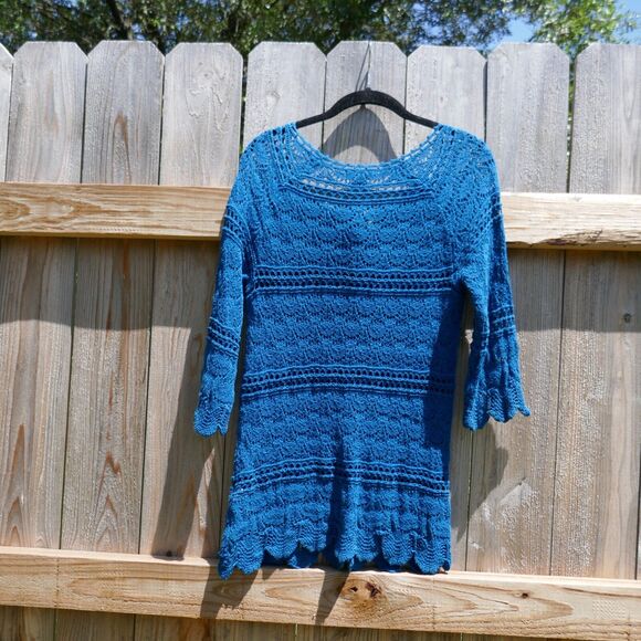 Lucky Brand Sweater Open Knit Crochet Blue Size Medium 3/4 Sleeve Cotton Boho - Picture 4 of 7